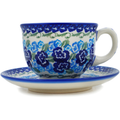 Polish Pottery Cup with Saucer 7 oz Blue Kiss Blooms