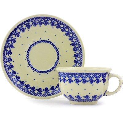Polish Pottery Cup with Saucer 7 oz Blue Lace Vines