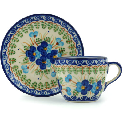 Polish Pottery Cup with Saucer 7 oz Blue Pansy