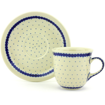 Polish Pottery Cup with Saucer 7 oz Blue Polka Dot