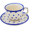 Polish Pottery Cup with Saucer 7 oz Blue Polka Dot
