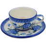 Polish Pottery Cup with Saucer 7 oz Blue Poppies