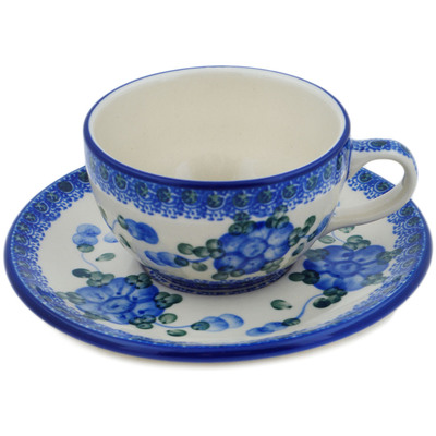 Polish Pottery Cup with Saucer 7 oz Blue Poppies