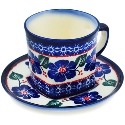 Polish Pottery Cup with Saucer 7 oz Blue Poppies Meadow UNIKAT