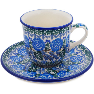 Polish Pottery Cup with Saucer 7 oz Blue Rose Trellis UNIKAT