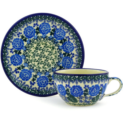 Polish Pottery Cup with Saucer 7 oz Blue Rose Trellis UNIKAT