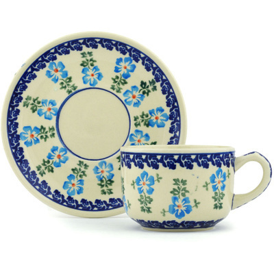 Polish Pottery Cup with Saucer 7 oz Blue Summer