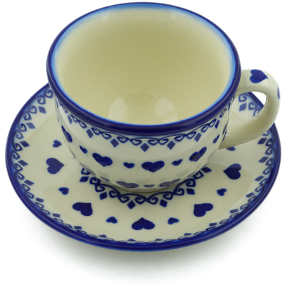 Polish Pottery Cup with Saucer 7 oz Blue Valentine Hearts