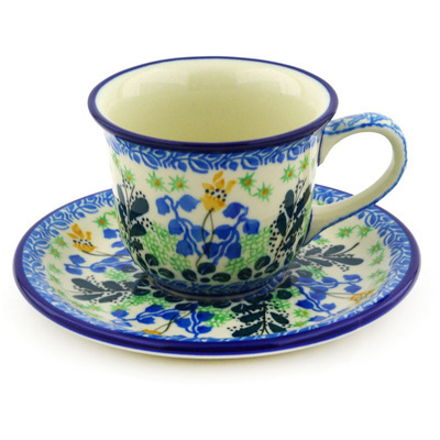 Polish Pottery Cup with Saucer 7 oz Bluebells And Irises UNIKAT