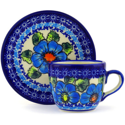 Polish Pottery Cup with Saucer 7 oz Bold Blue Poppies UNIKAT