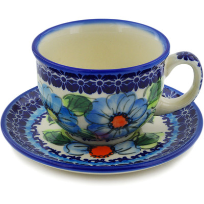 Polish Pottery Cup with Saucer 7 oz Bold Blue Poppies UNIKAT