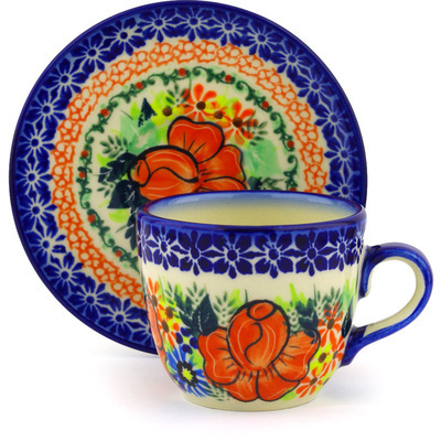 Polish Pottery Cup with Saucer 7 oz Bold Poppies UNIKAT