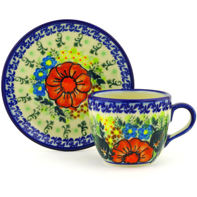 Polish Pottery Cup with Saucer 7 oz Bold Red Poppies UNIKAT