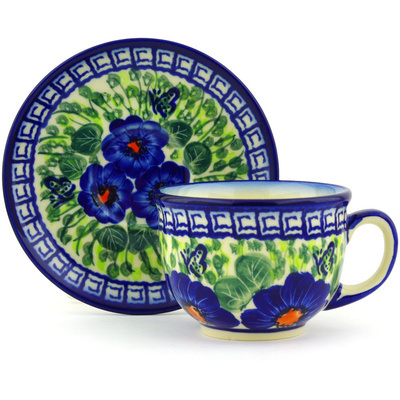 Polish Pottery Cup with Saucer 7 oz Brilliant Butterfly Popp UNIKAT