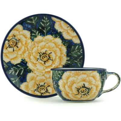 Polish Pottery Cup with Saucer 7 oz Butter Blooms UNIKAT