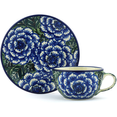 Polish Pottery Cup with Saucer 7 oz Butterblue UNIKAT