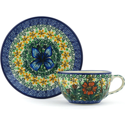 Polish Pottery Cup with Saucer 7 oz Butterfly Holly UNIKAT