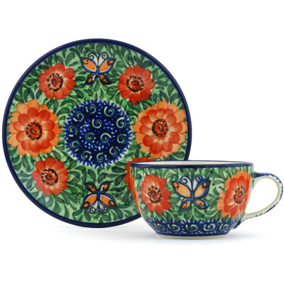 Polish Pottery Cup with Saucer 7 oz Butterfly Peach Poppies UNIKAT