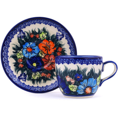 Polish Pottery Cup with Saucer 7 oz Butterfly Splendor