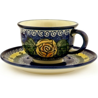 Polish Pottery Cup with Saucer 7 oz Cabbage Roses