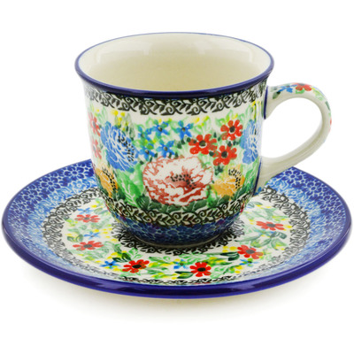 Polish Pottery Cup with Saucer 7 oz Carnation Valley UNIKAT