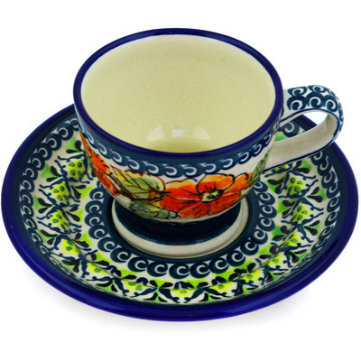 Polish Pottery Cup with Saucer 7 oz Checkered Lime UNIKAT