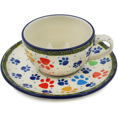 Polish Pottery Cup with Saucer 7 oz Children&#039;s Happy Paws