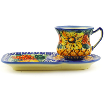 Polish Pottery Cup with Saucer 7 oz Colorful Bouquet UNIKAT