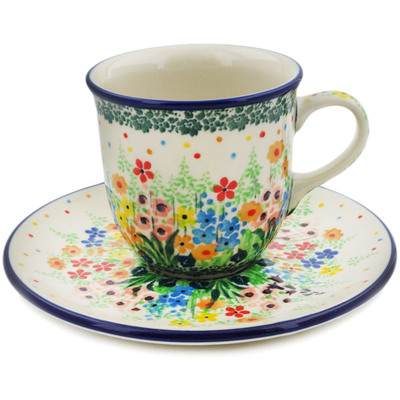 Polish Pottery Cup with Saucer 7 oz Colors Of The Wind UNIKAT