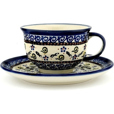 Polish Pottery Cup with Saucer 7 oz Confetti