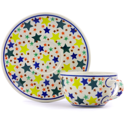 Polish Pottery Cup with Saucer 7 oz Confetti Stars