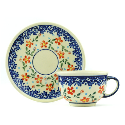 Polish Pottery Cup with Saucer 7 oz Country Garden