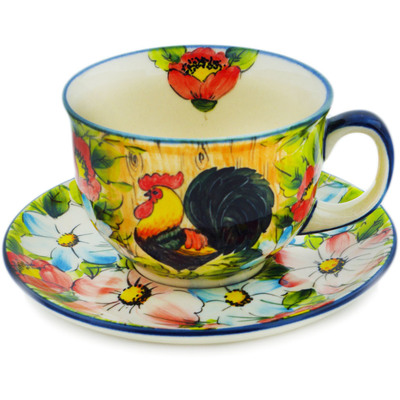 Polish Pottery Cup with Saucer 7 oz Country Rooster Meadow UNIKAT