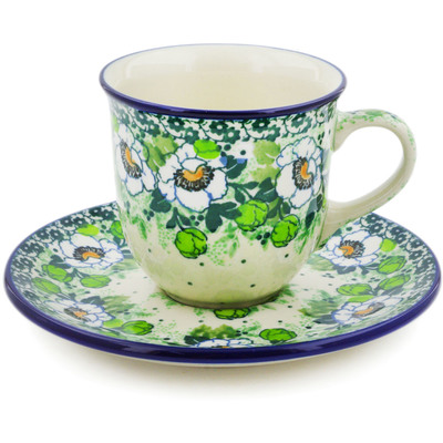 Polish Pottery Cup with Saucer 7 oz Daisies Wreath UNIKAT