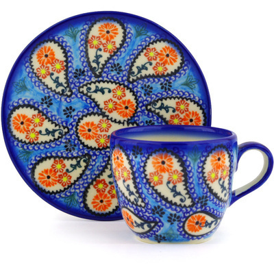 Polish Pottery Cup with Saucer 7 oz Daisy Float