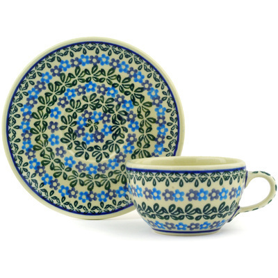 Polish Pottery Cup with Saucer 7 oz Daisy Rings