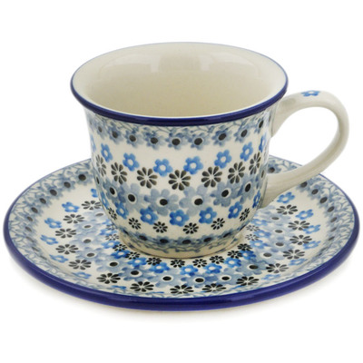 Polish Pottery Cup with Saucer 7 oz Delicate Blue Composition