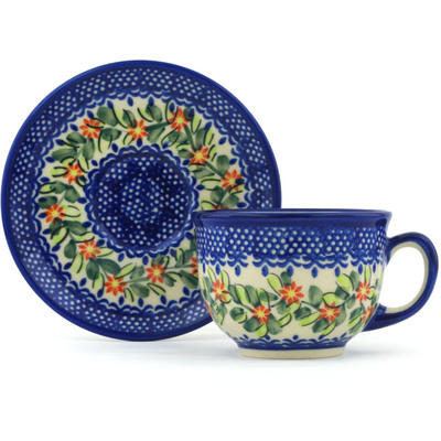 Polish Pottery Cup with Saucer 7 oz Elegant Garland
