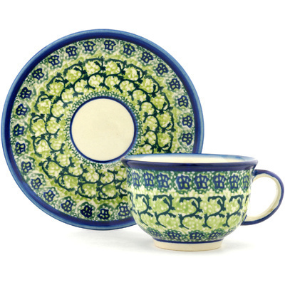 Polish Pottery Cup with Saucer 7 oz Emerald Forest
