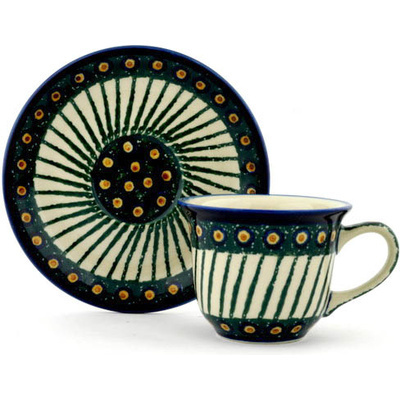 Polish Pottery Cup with Saucer 7 oz Emerald Peacock
