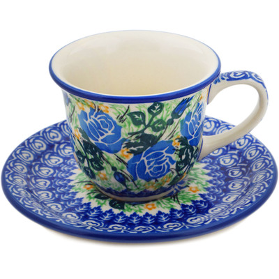 Polish Pottery Cup with Saucer 7 oz English Rose UNIKAT