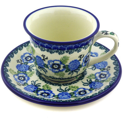 Polish Pottery Cup with Saucer 7 oz Everlasting Flowers