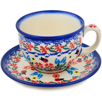 Polish Pottery Cup with Saucer 7 oz Fanciful Ladybug