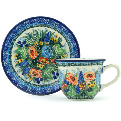 Polish Pottery Cup with Saucer 7 oz Fiery Meadow UNIKAT