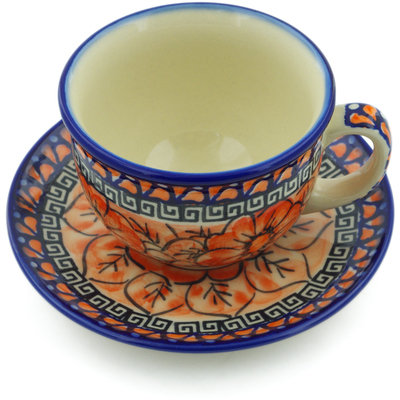 Polish Pottery Cup with Saucer 7 oz Fire Poppies UNIKAT