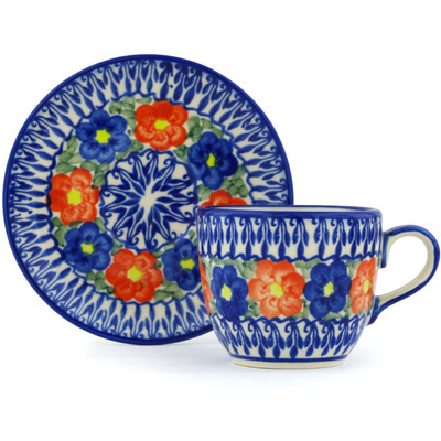 Polish Pottery Cup with Saucer 7 oz Floral Burst