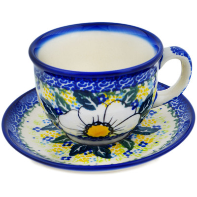 Polish Pottery Cup with Saucer 7 oz Floral Fantasy