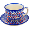 Polish Pottery Cup with Saucer 7 oz Floral Peacock