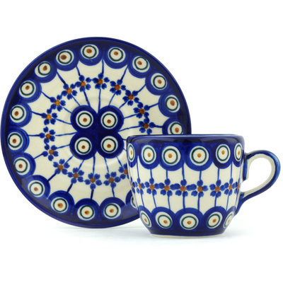 Polish Pottery Cup with Saucer 7 oz Floral Peacock