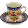 Polish Pottery Cup with Saucer 7 oz Floral Puzzles UNIKAT